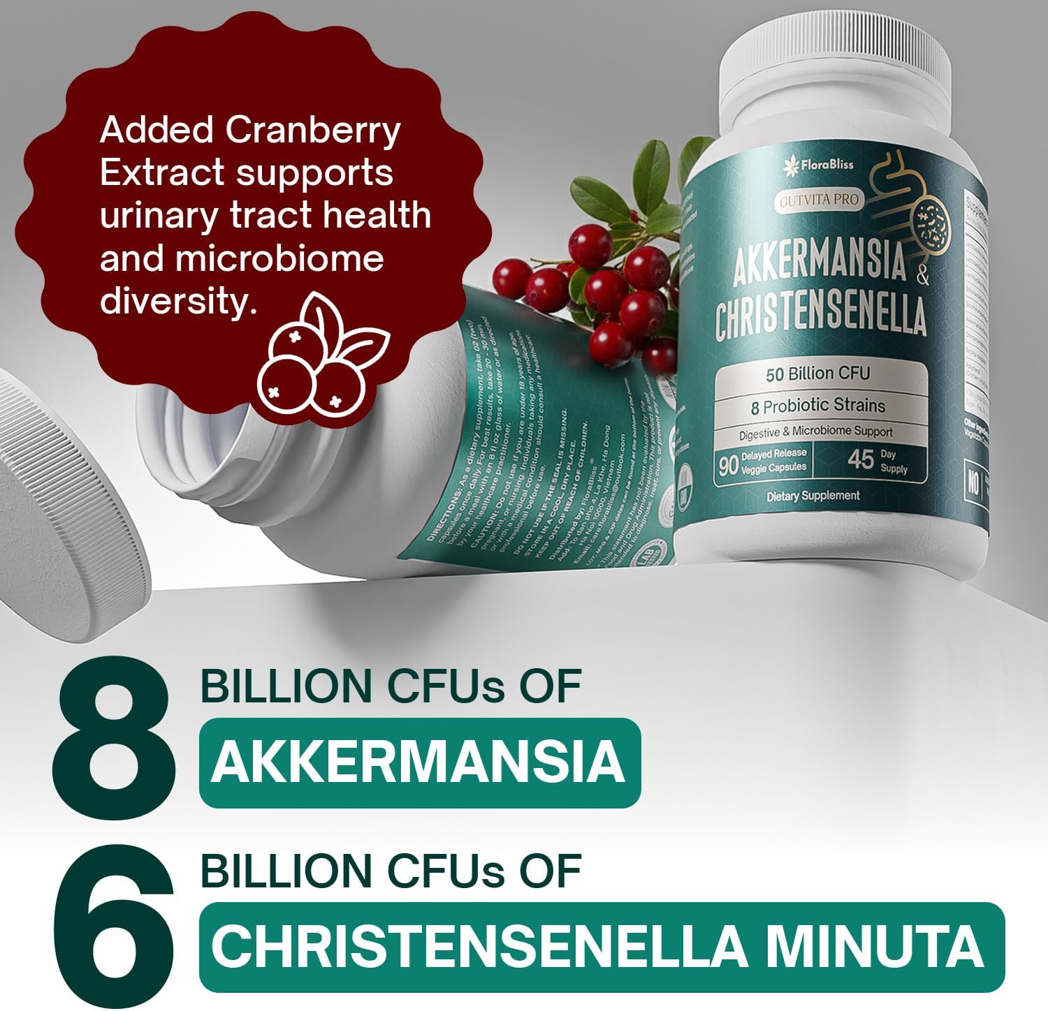 Christensenella Minuta and Akkermansia, Bifidobacterium longum, 8 Probiotic Strains, 50 Billion CFU with Cranberry Extract, Gut Health & Immune Support - Prostatewellstore.com