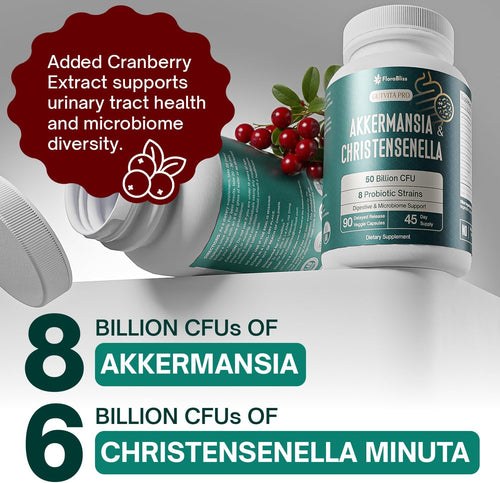Christensenella Minuta and Akkermansia, Bifidobacterium longum, 8 Probiotic Strains, 50 Billion CFU with Cranberry Extract, Gut Health & Immune Support - Prostatewellstore.com
