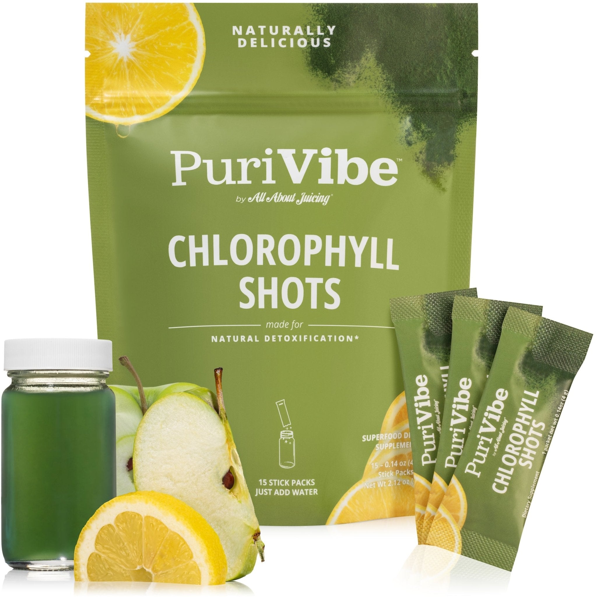 PuriVibe Chlorophyll & Lemon Juice Shots - Wellness Shot, Superfood Supplement Powder - Green Juice - Supports Detox & Gut Health - Prostatewellstore.com