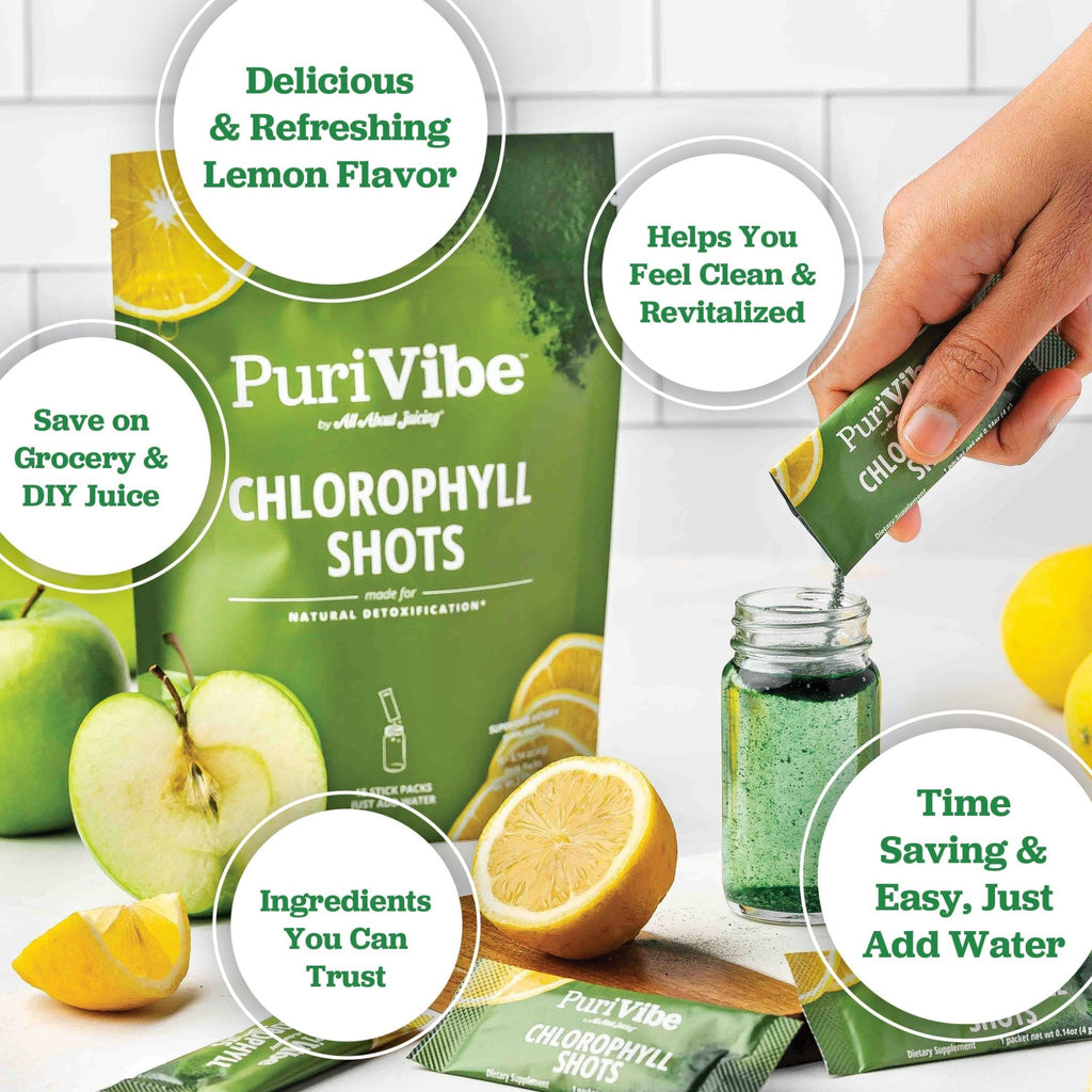 PuriVibe Chlorophyll & Lemon Juice Shots - Wellness Shot, Superfood Supplement Powder - Green Juice - Supports Detox & Gut Health - Prostatewellstore.com