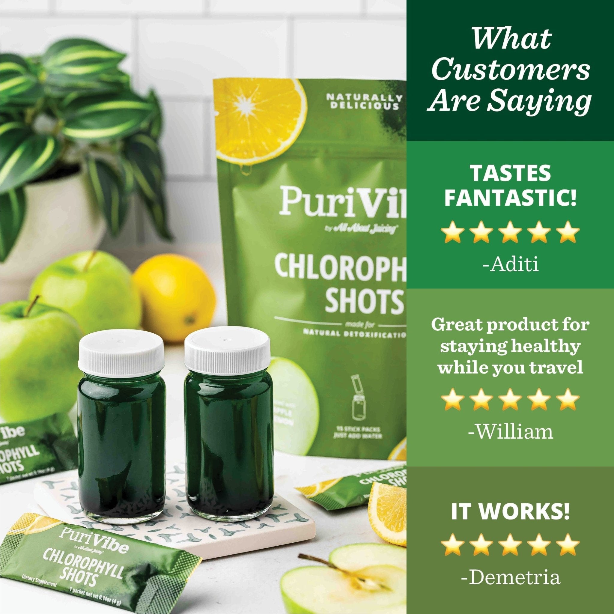 PuriVibe Chlorophyll & Lemon Juice Shots - Wellness Shot, Superfood Supplement Powder - Green Juice - Supports Detox & Gut Health - Prostatewellstore.com