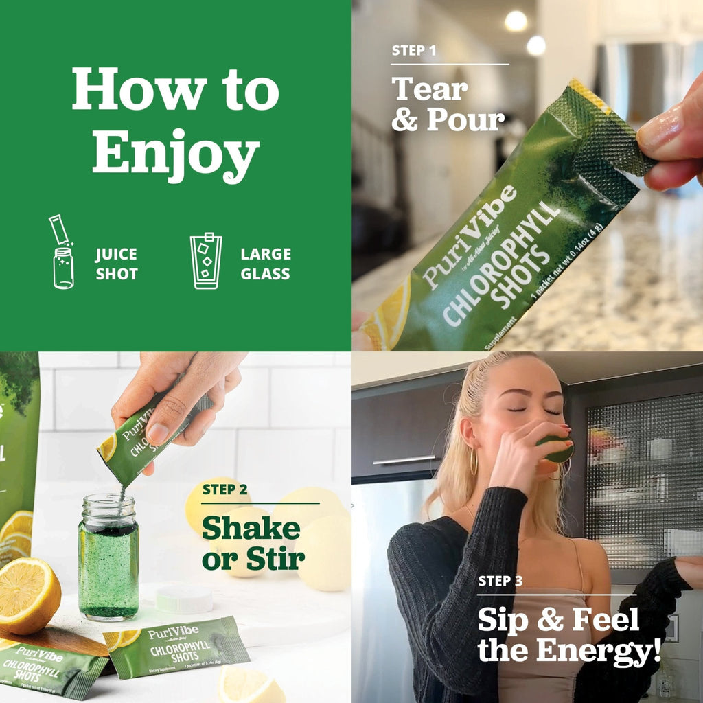 PuriVibe Chlorophyll & Lemon Juice Shots - Wellness Shot, Superfood Supplement Powder - Green Juice - Supports Detox & Gut Health - Prostatewellstore.com