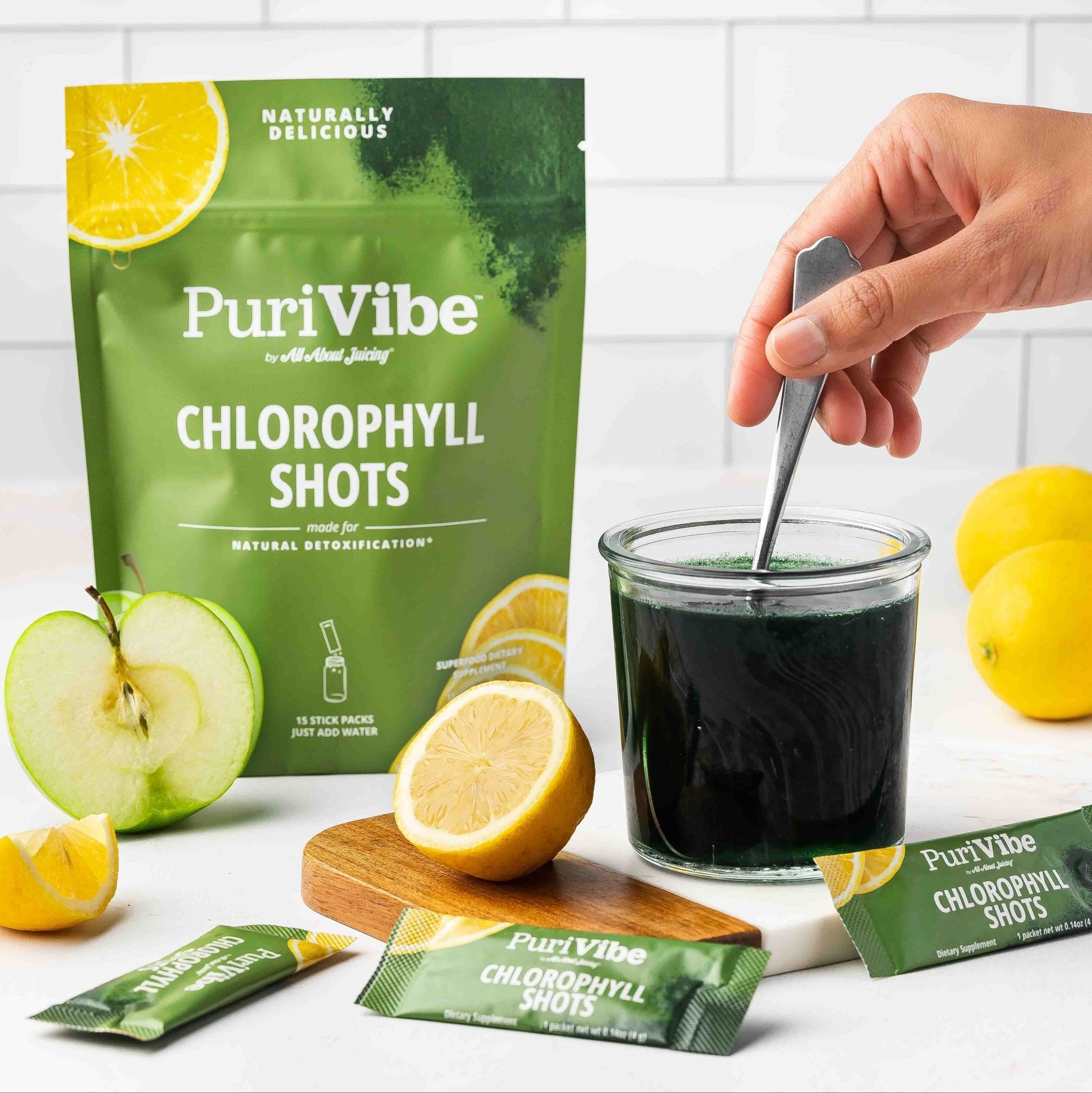PuriVibe Chlorophyll & Lemon Juice Shots - Wellness Shot, Superfood Supplement Powder - Green Juice - Supports Detox & Gut Health - Prostatewellstore.com