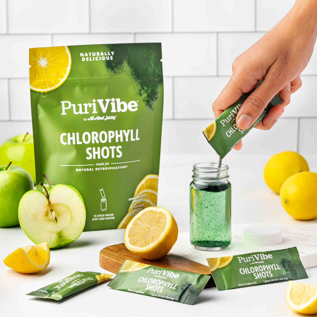 PuriVibe Chlorophyll & Lemon Juice Shots - Wellness Shot, Superfood Supplement Powder - Green Juice - Supports Detox & Gut Health - Prostatewellstore.com