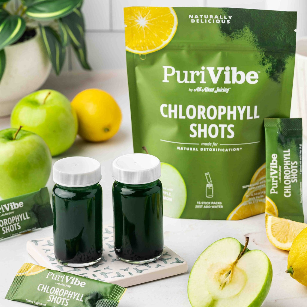 PuriVibe Chlorophyll & Lemon Juice Shots - Wellness Shot, Superfood Supplement Powder - Green Juice - Supports Detox & Gut Health - Prostatewellstore.com