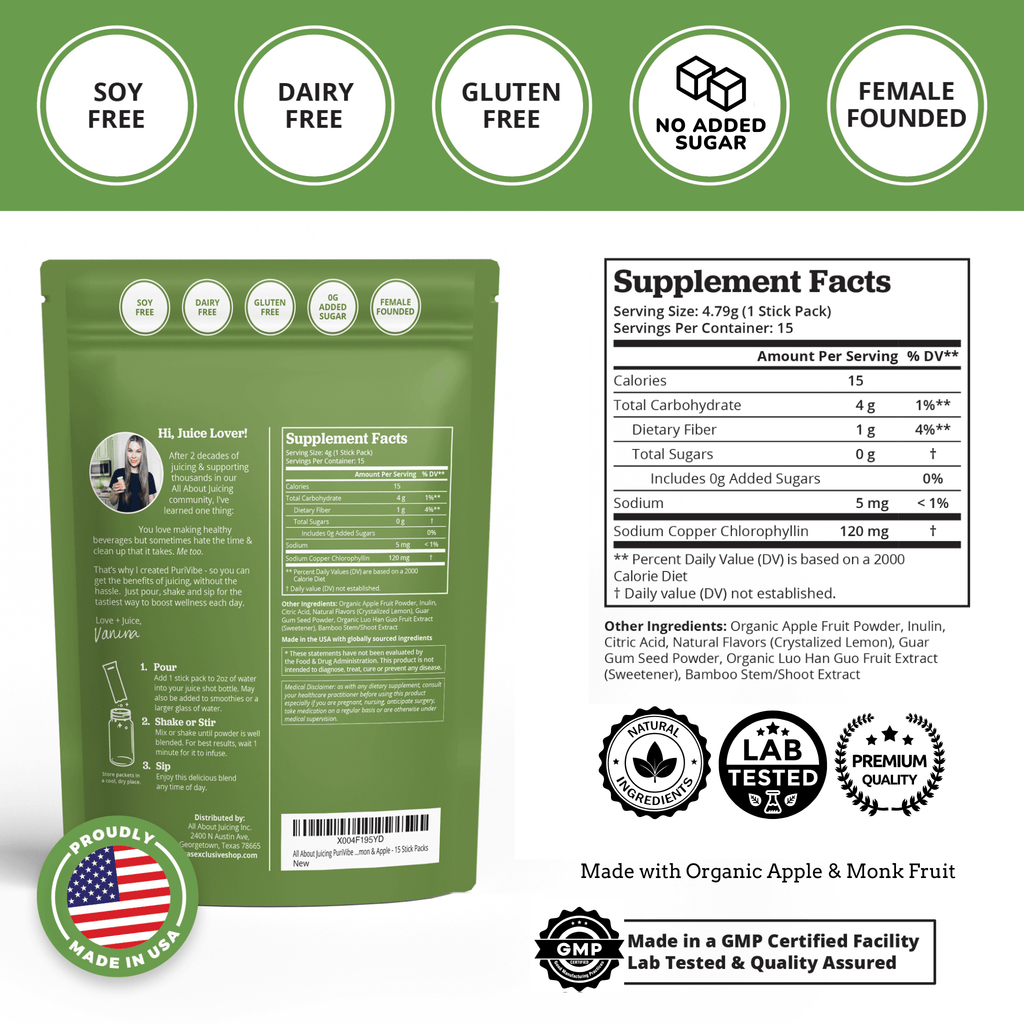 PuriVibe Chlorophyll & Lemon Juice Shots - Wellness Shot, Superfood Supplement Powder - Green Juice - Supports Detox & Gut Health - Prostatewellstore.com