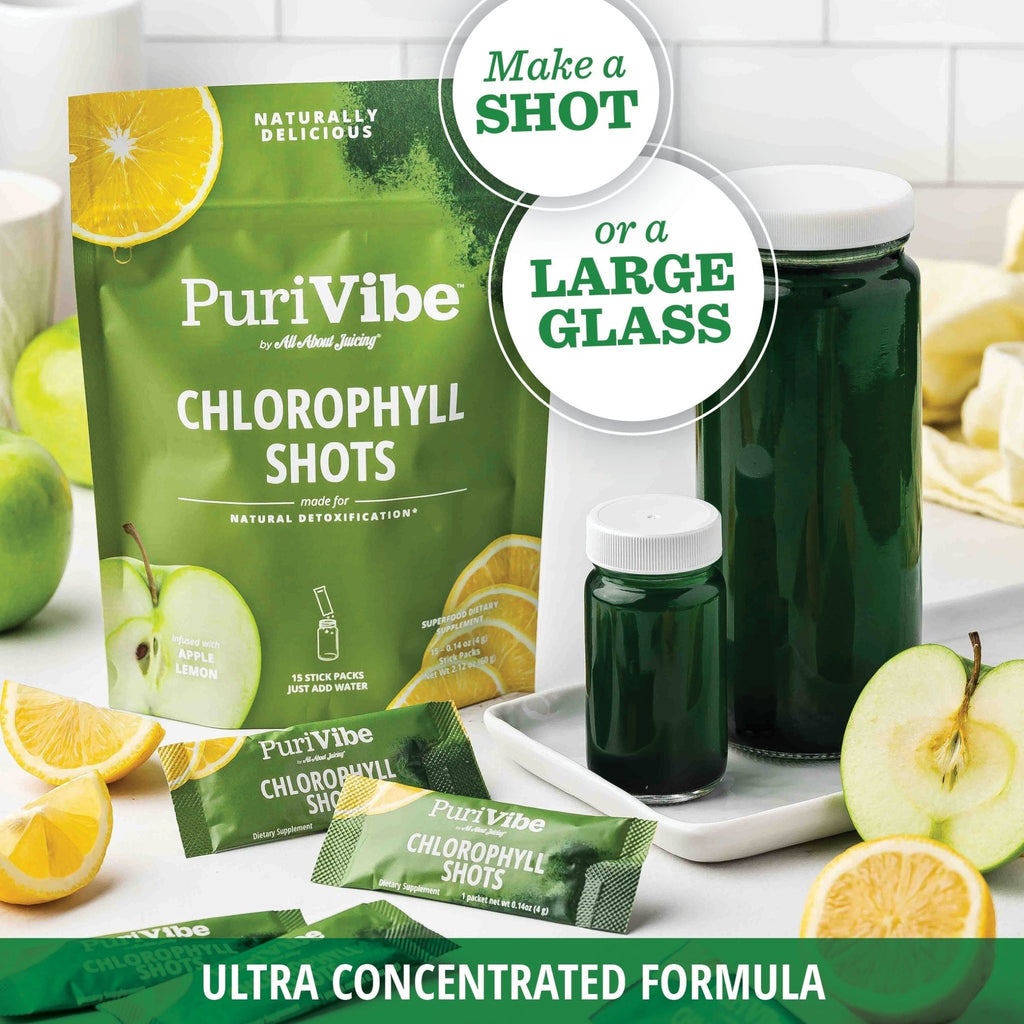 PuriVibe Chlorophyll & Lemon Juice Shots - Wellness Shot, Superfood Supplement Powder - Green Juice - Supports Detox & Gut Health - Prostatewellstore.com