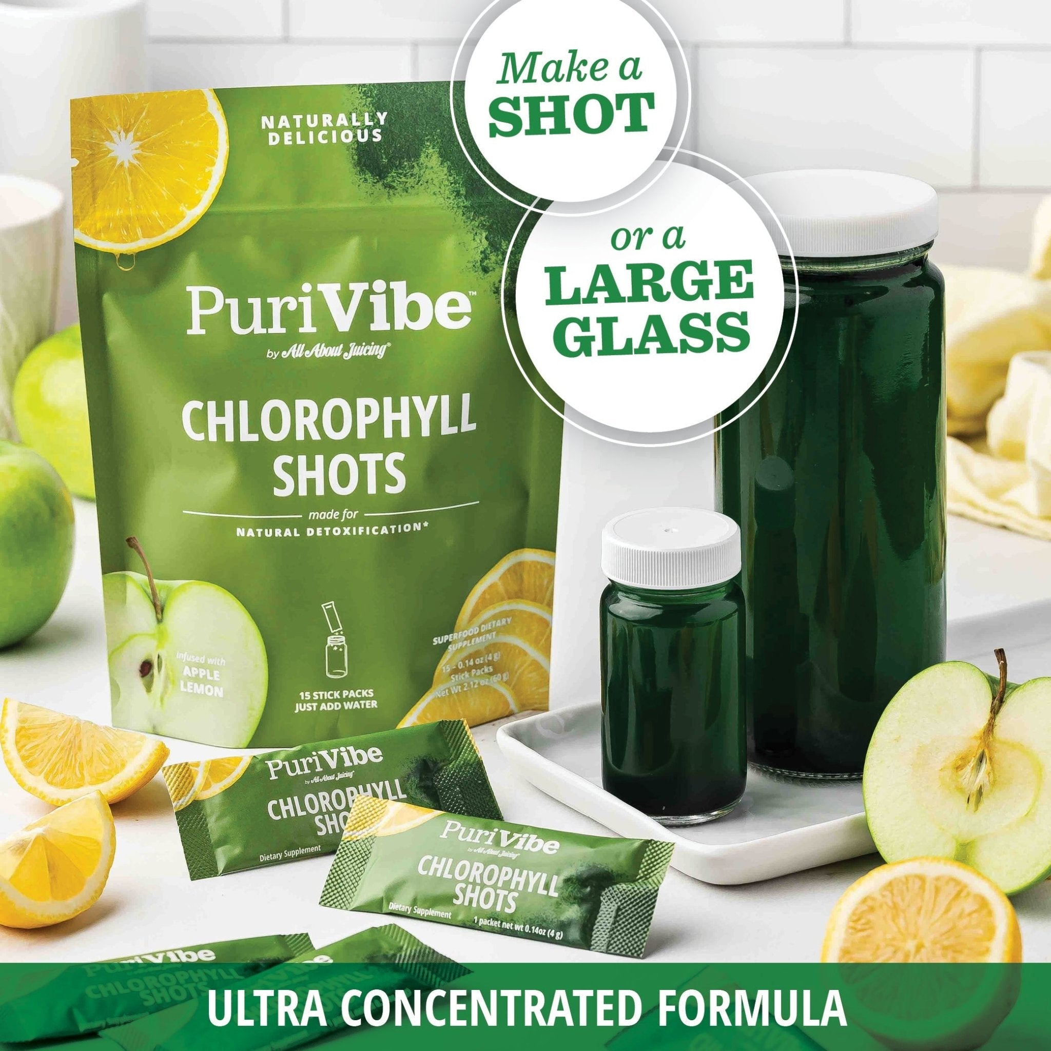 PuriVibe Chlorophyll & Lemon Juice Shots - Wellness Shot, Superfood Supplement Powder - Green Juice - Supports Detox & Gut Health - Prostatewellstore.com