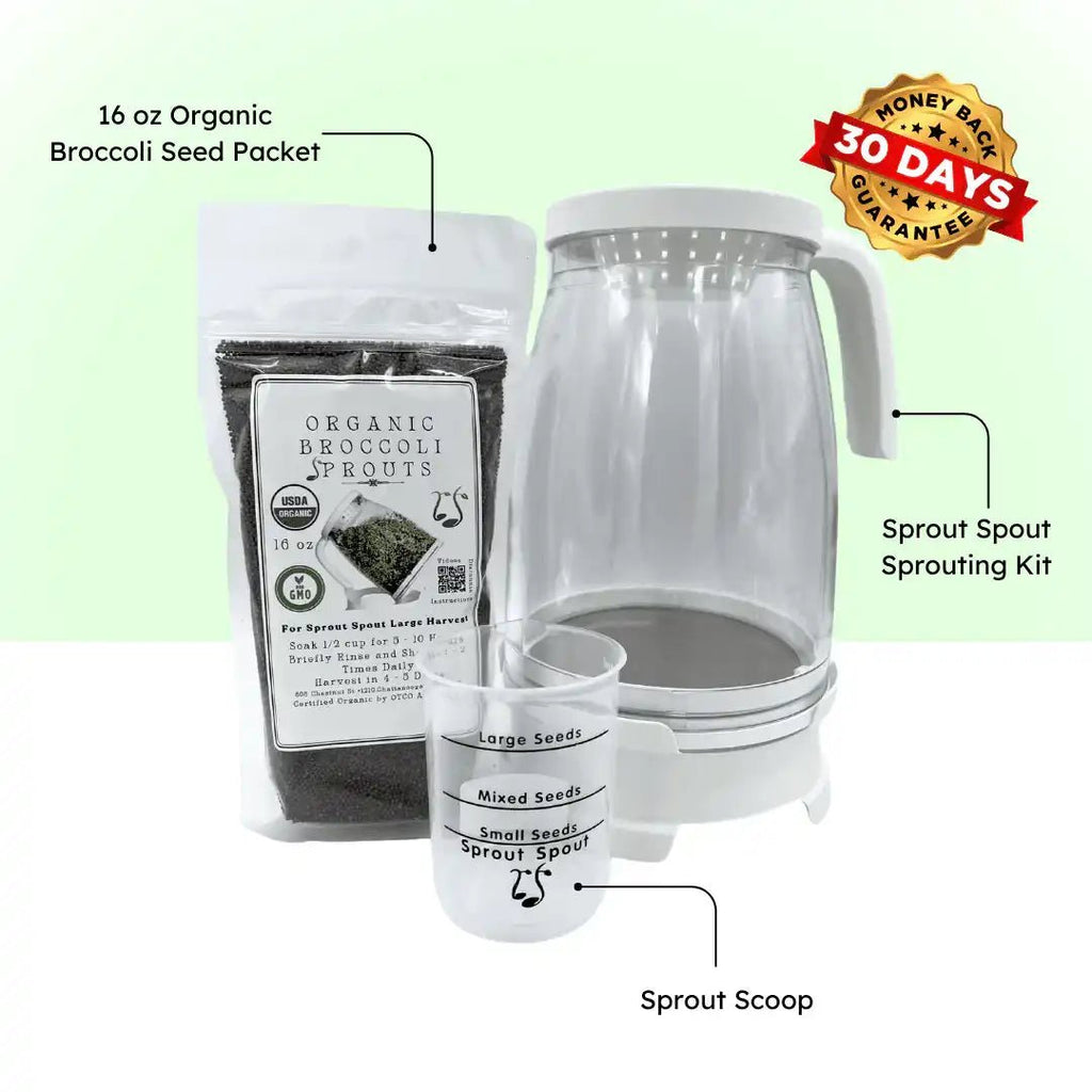 Sprout Spout Broccoli Starter Kit: Sprout Spout + 4oz or 1lb seeds + Free Sprout Scoop - Prostatewellstore.com
