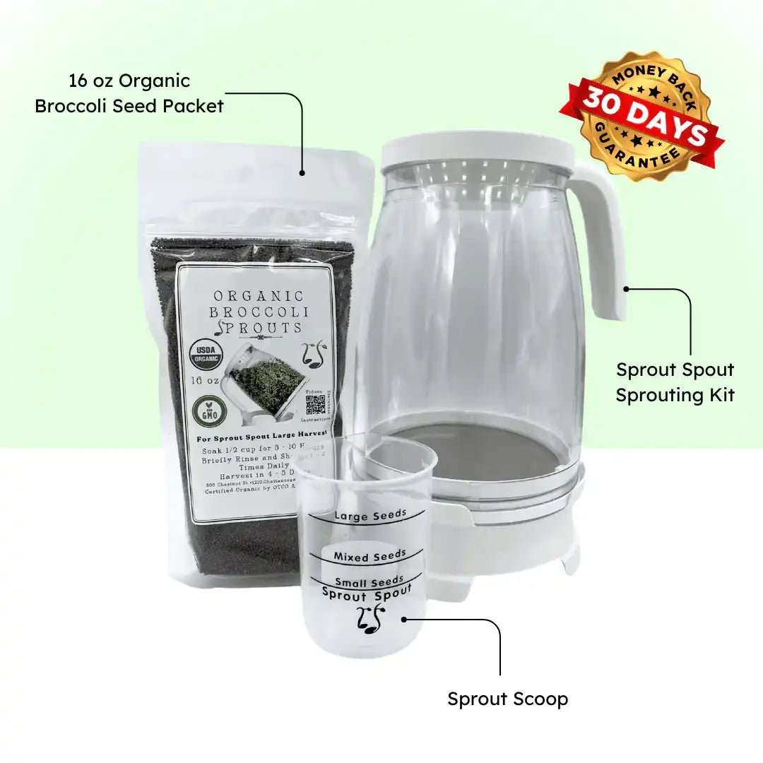 Sprout Spout Broccoli Starter Kit: Sprout Spout + 4oz or 1lb seeds + Free Sprout Scoop - Prostatewellstore.com