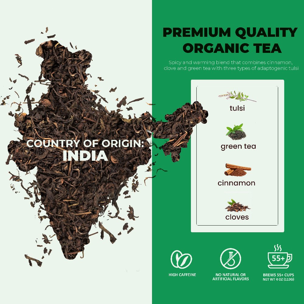 Tulsi Spicy Chai Tea, Energy & Focus - Green Tea - Organic & Kosher - Prostatewellstore.com